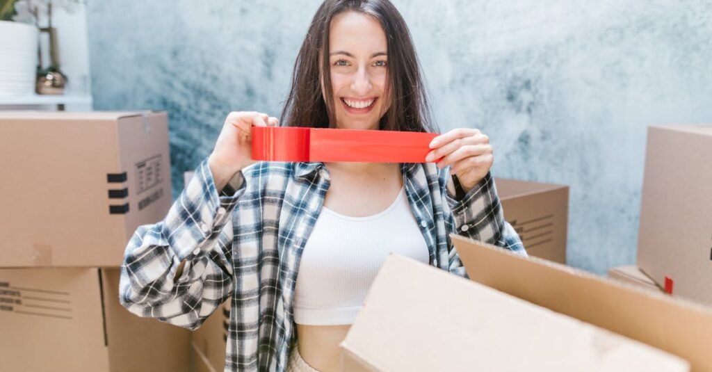 Caucasian woman packing boxes with red tape, smiling in an indoor setting. Perfect for moving and relocation themes.